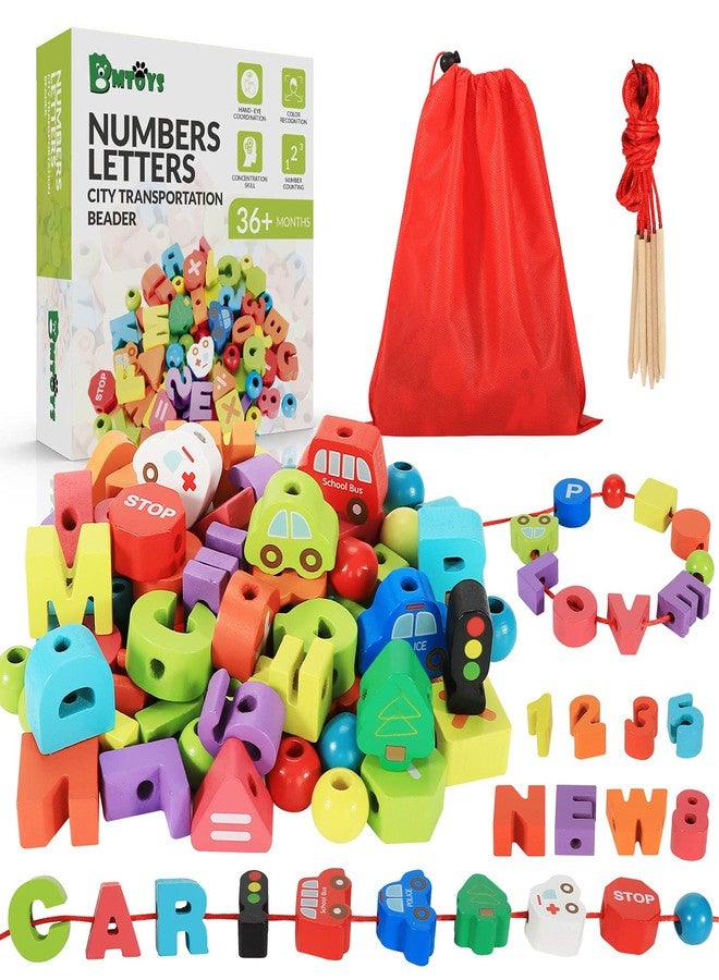 BMTOYS Wooden Lacing Toy Alphabet Number Threading Beads for Boys Girls Age 3 4 5 6 Montessori Educational Learning Birthday Gift - Image 1